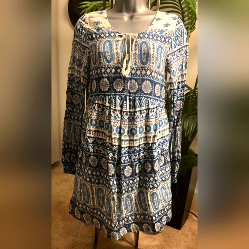 Billabong Pretty Boho Long Sleeve Mini Dress In Blue & White*Sale - Picture 3 of 4